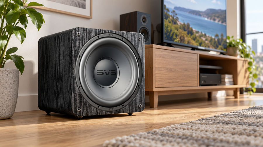 SVS SB-1000 Pro black ash subwoofer beside a timber media console in a sunlit living room.