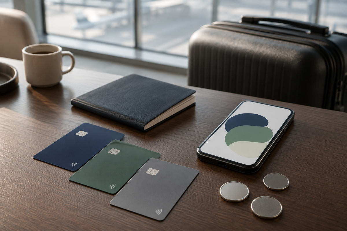 Three payment cards beside a phone, travel document and carry-on suitcase