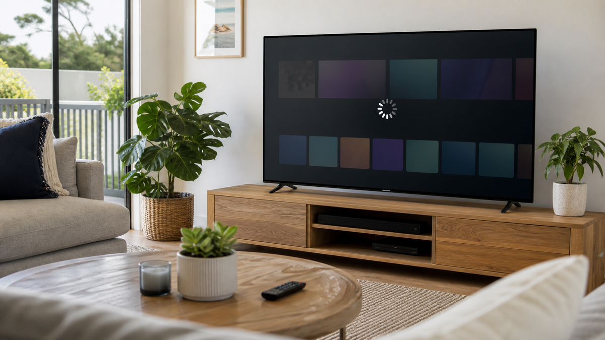 Smart TV with a frozen streaming app screen in a modern Australian living room