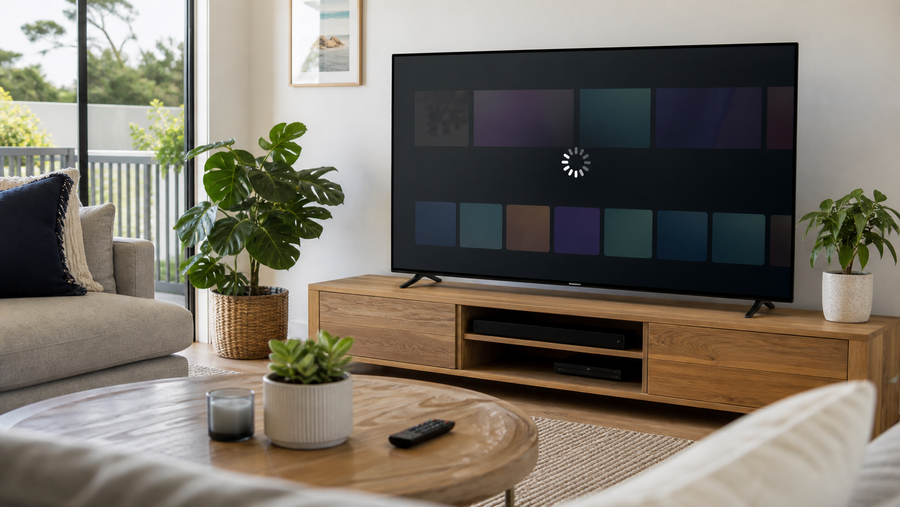 Smart TV with a frozen streaming app screen in a modern Australian living room