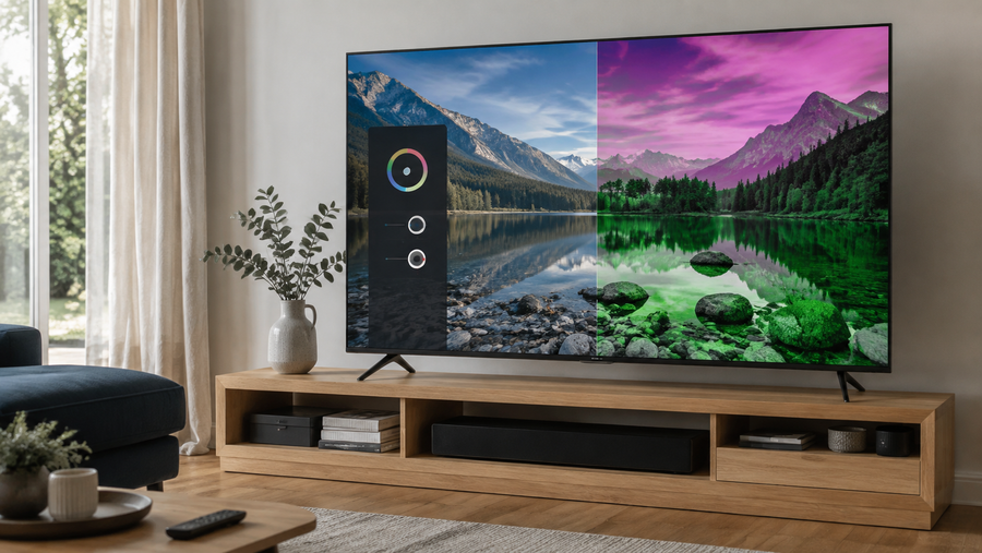 Television showing natural colours beside an incorrectly tinted picture