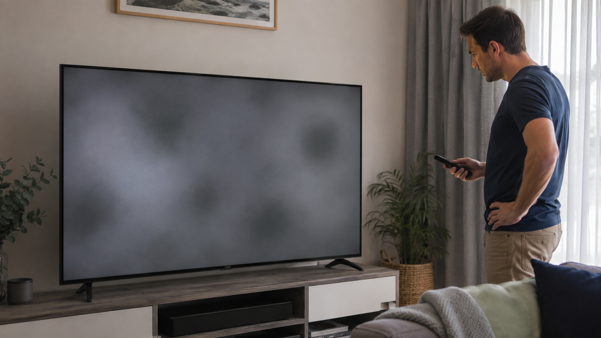 Homeowner examining dark spots and cloudy patches on a television