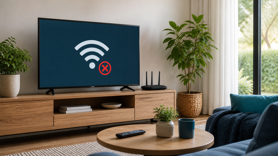 A smart TV showing a disconnected Wi-Fi symbol beside a home router in a modern Australian living room.