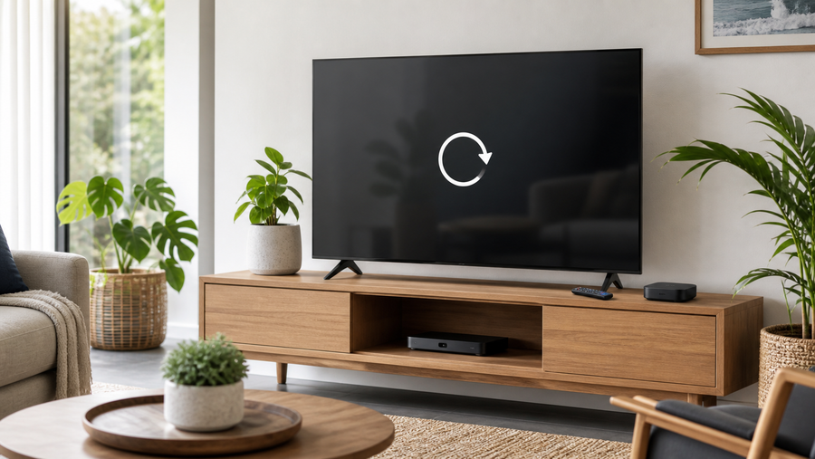Television displaying a restart symbol in a modern Australian living room