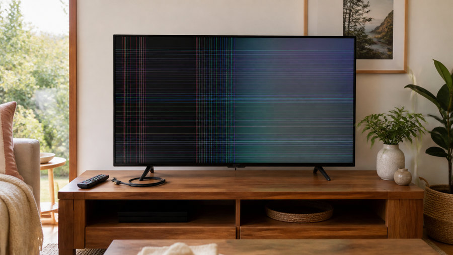 Television showing horizontal and vertical screen lines in an Australian living room