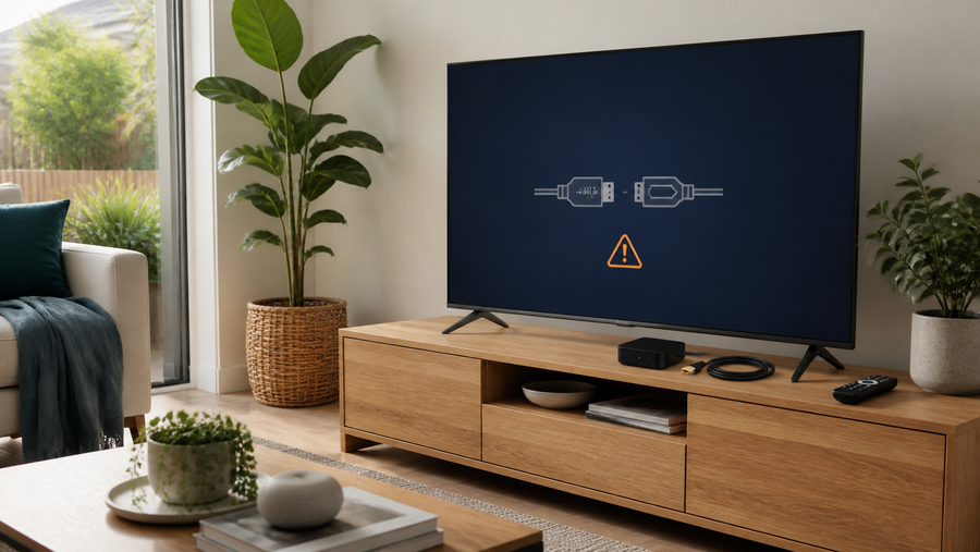 Television displaying a no-signal HDMI warning beside a streaming box and cable in a modern living room.