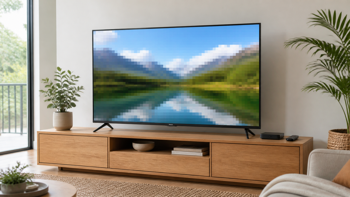 Television displaying a blurry pixelated picture in a modern Australian living room