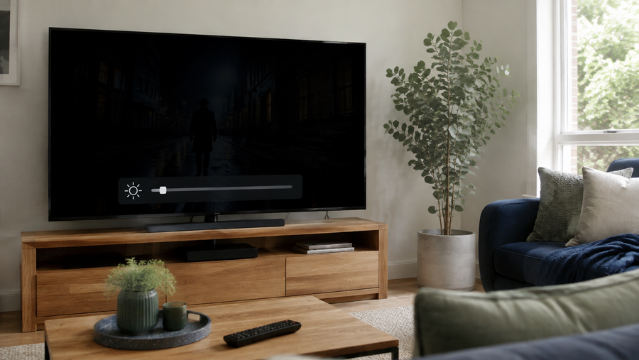 Television displaying a dark picture with brightness settings open