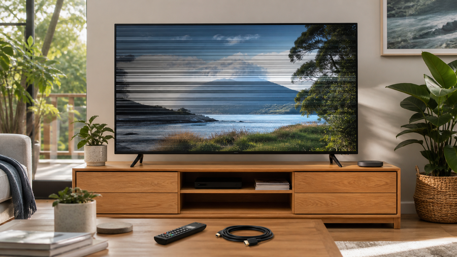 Television showing screen flickering in a modern Australian living room