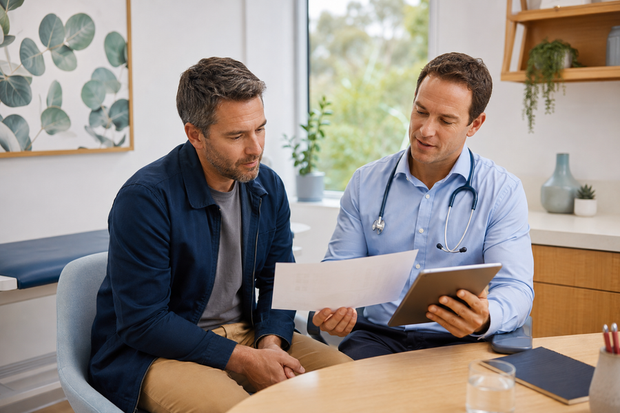 Doctor calmly explaining pathology test results to a patient
