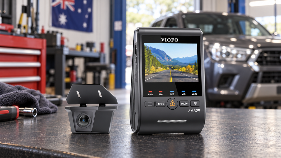 VIOFO A329SW 2CH front and waterproof rear cameras on a workshop bench with a car behind them.