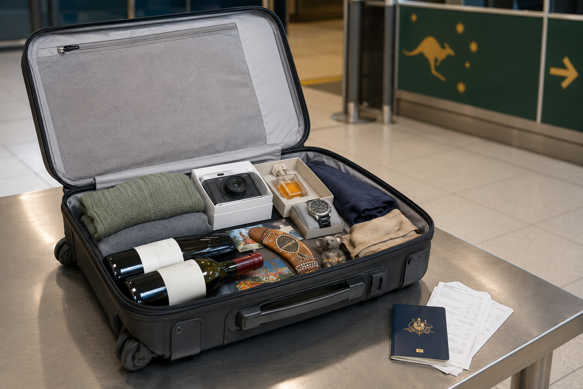 Open suitcase with overseas purchases at an Australian airport customs bench