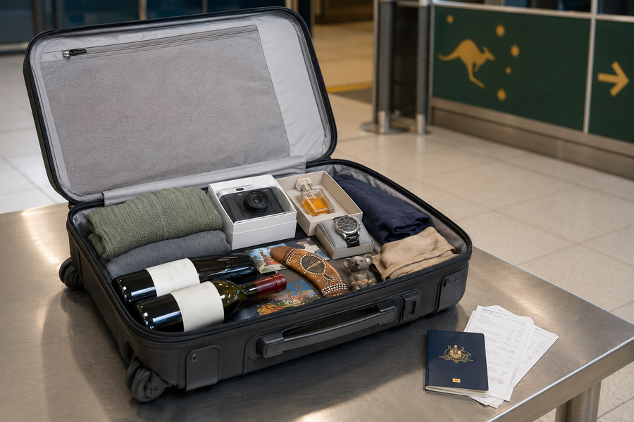 Open suitcase with overseas purchases at an Australian airport customs bench