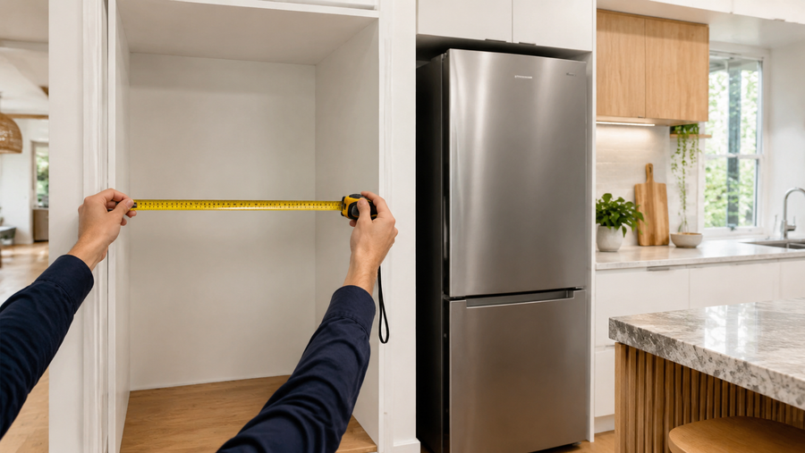Hands measuring an empty refrigerator cavity beside a stainless-steel fridge in a modern Australian kitchen.