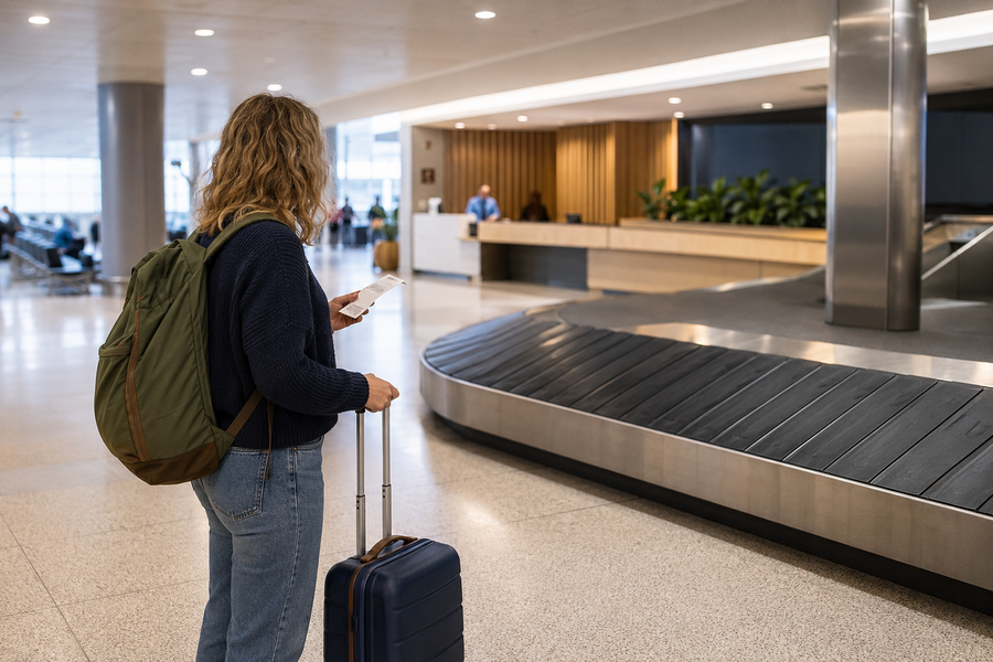 Traveller waiting beside an empty airport baggage carousel