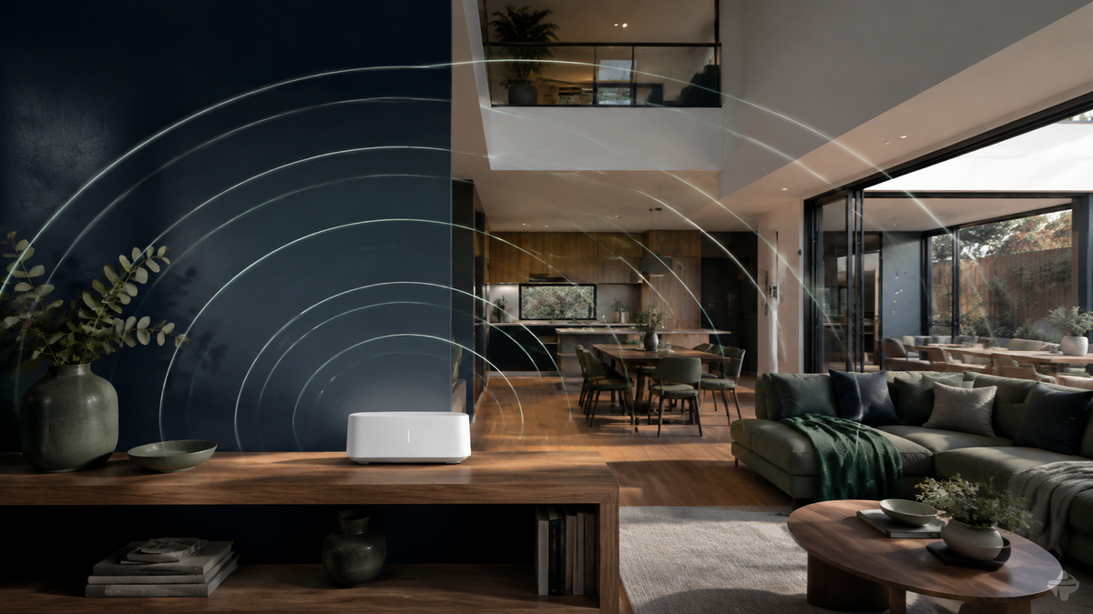 Wi-Fi router placed on an elevated open console in a modern Australian home