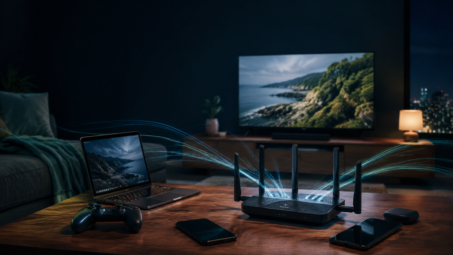 Wi-Fi router connecting multiple home internet and entertainment devices