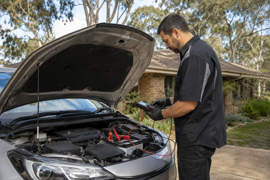 Mechanic testing a car battery in an Australian driveway