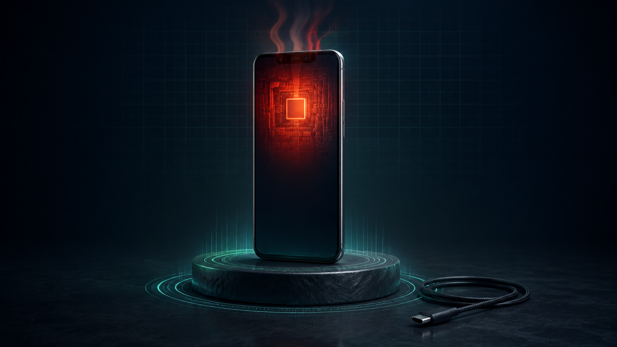 Generic smartphone glowing with excessive heat beside a disconnected charging cable