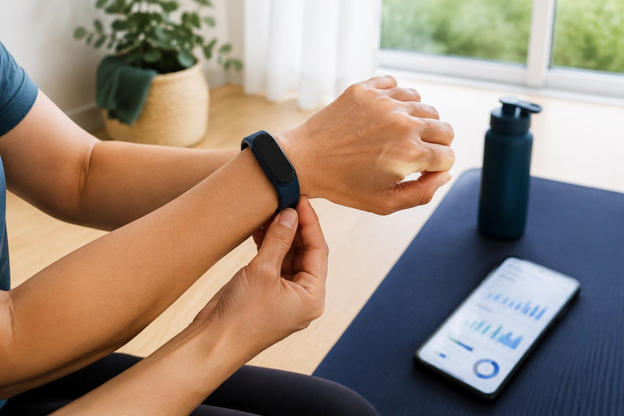 Person adjusting a fitness tracker on their wrist beside a smartphone displaying activity graphs