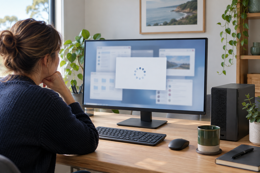 A frustrated computer user waiting for a slow desktop computer in a modern Australian home office