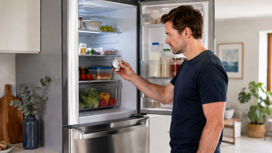 A homeowner checking the temperature inside an open stainless-steel refrigerator using a fridge thermometer.