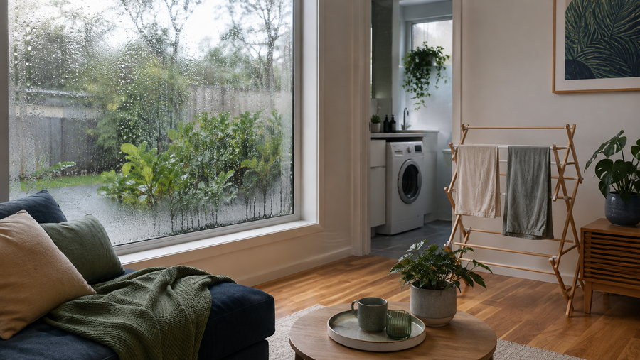 Condensation covering a living room window beside indoor laundry in a humid Australian home
