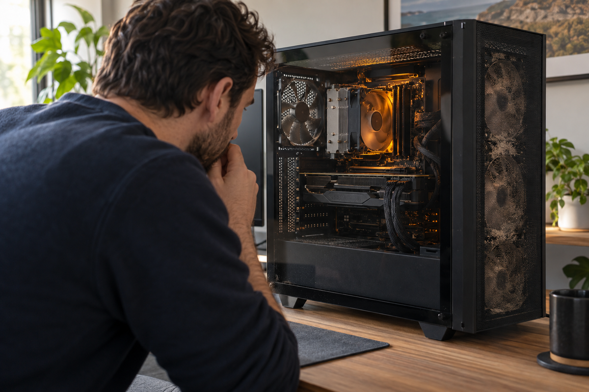 A person inspecting a dusty desktop computer that may be overheating