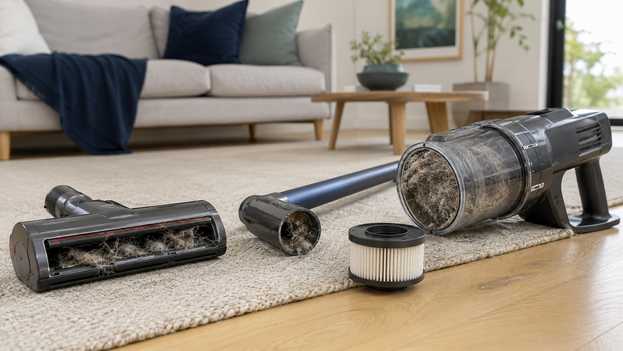 Cordless vacuum with a full dust bin, blocked wand and tangled floorhead ready for cleaning