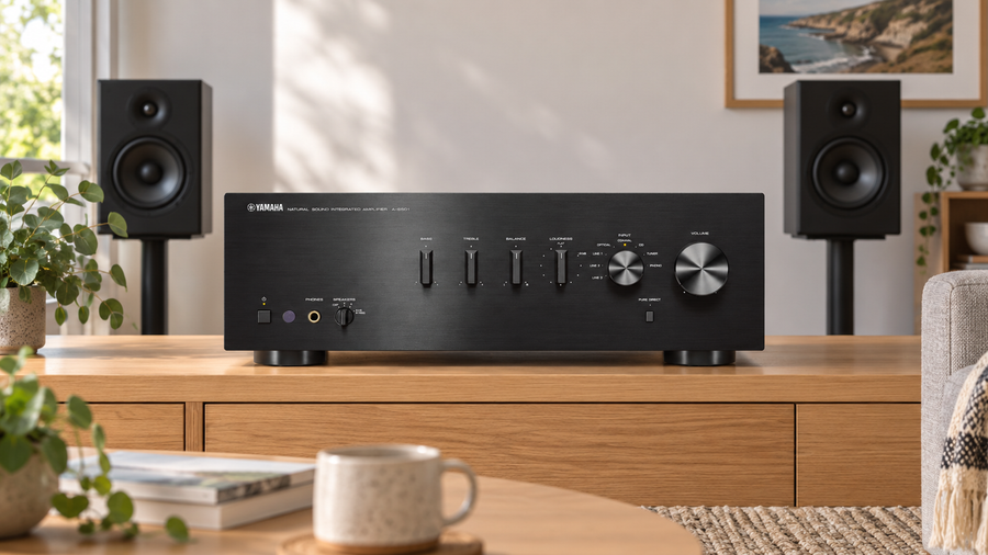 Black Yamaha A-S501 amplifier on an oak console with bookshelf speakers in a bright living room.